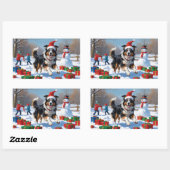 Rough Collie läuft im Schnee mit Weihnachtshut Rechteckiger Aufkleber (Blatt)