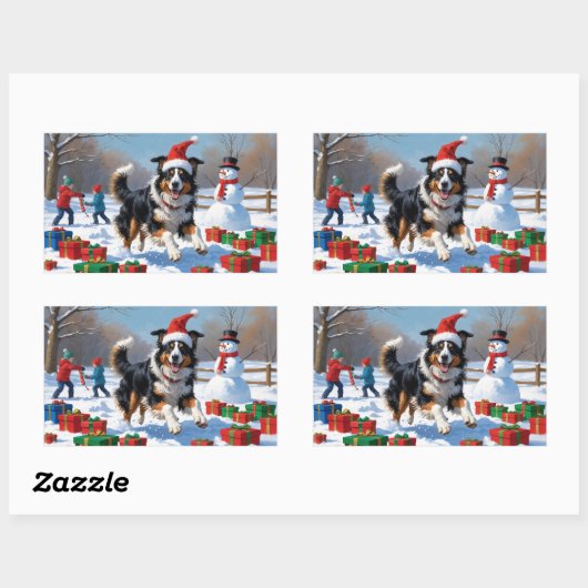 Rough Collie läuft im Schnee mit Weihnachtshut Rechteckiger Aufkleber (Blatt)