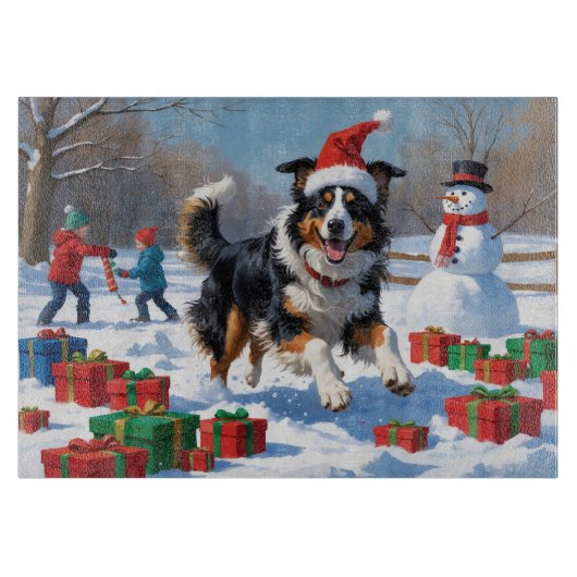 Rough Collie läuft im Schnee mit Weihnachtshut Schneidebrett (Vorderseite)