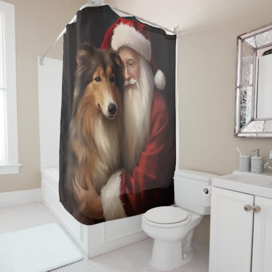 Rough Collie mit dem Weihnachtsmann Feierliche Wei Duschvorhang (Beispiel)