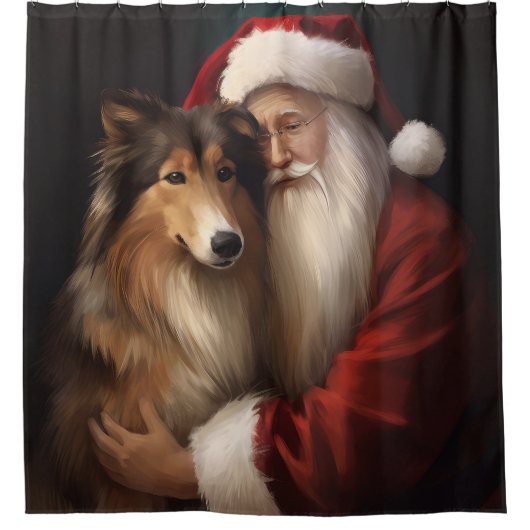 Rough Collie mit dem Weihnachtsmann Feierliche Wei Duschvorhang (Vorderseite)