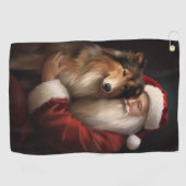 Rough Collie mit dem Weihnachtsmann Feierliche Wei Golfhandtuch (Horizontal)