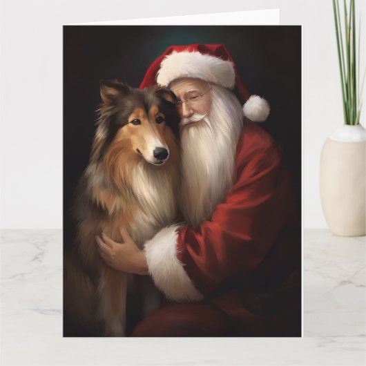 Rough Collie mit dem Weihnachtsmann Feierliche Wei Karte (Vorderseite)