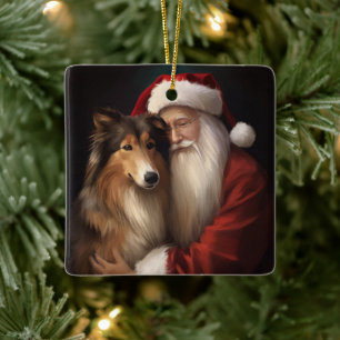 Rough Collie mit dem Weihnachtsmann Feierliche Wei Keramikornament