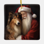 Rough Collie mit dem Weihnachtsmann Feierliche Wei Keramikornament (Vorderseite)