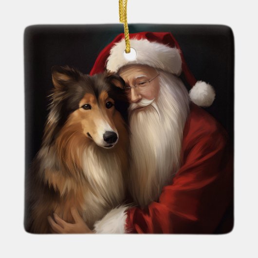 Rough Collie mit dem Weihnachtsmann Feierliche Wei Keramikornament (Vorderseite)