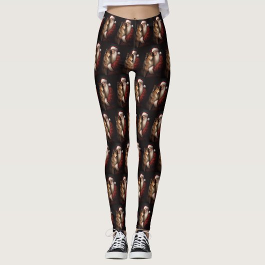 Rough Collie mit dem Weihnachtsmann Feierliche Wei Leggings (Vorderseite)