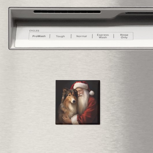 Rough Collie mit dem Weihnachtsmann Feierliche Wei Magnet (In Situ (Geschirrspüler))
