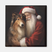Rough Collie mit dem Weihnachtsmann Feierliche Wei Magnet (Vorne)