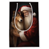 Rough Collie mit dem Weihnachtsmann Feierliche Wei Mittlere Geschenktüte (Vorderseite)
