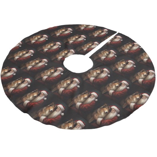 Rough Collie mit dem Weihnachtsmann Feierliche Wei Polyester Weihnachtsbaumdecke (Schrägansicht)
