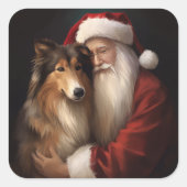 Rough Collie mit dem Weihnachtsmann Feierliche Wei Quadratischer Aufkleber (Vorderseite)