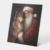 Rough Collie mit dem Weihnachtsmann Feierliche Wei Sockelschild (Vorderseite)