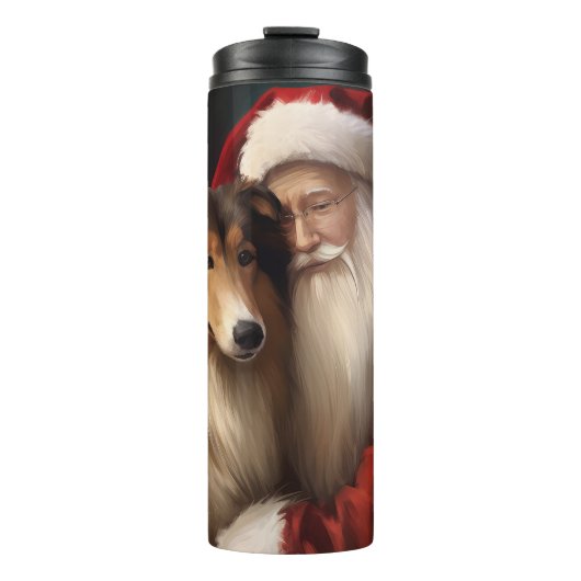 Rough Collie mit dem Weihnachtsmann Feierliche Wei Thermosbecher (Vorderseite)