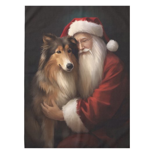 Rough Collie mit dem Weihnachtsmann Feierliche Wei Tischdecke (Vorderseite)