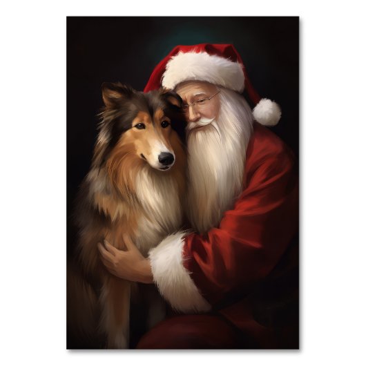Rough Collie mit dem Weihnachtsmann Feierliche Wei Tischnummer (Rückseite)