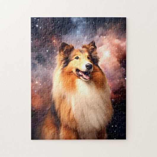 Rough Collie mit Hintergrundinformationen zum Welt Puzzle (Vertikal)