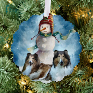 Rough Collie mit Snowman Christmas Ornament Karte