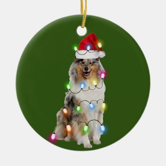 Rough Collie mit Weihnachtssaftler-Weihnachtsmannm Keramik Ornament (Vorne)