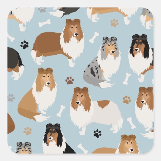 Rough Collie Paws and Bones Quadratischer Aufkleber (Vorderseite)