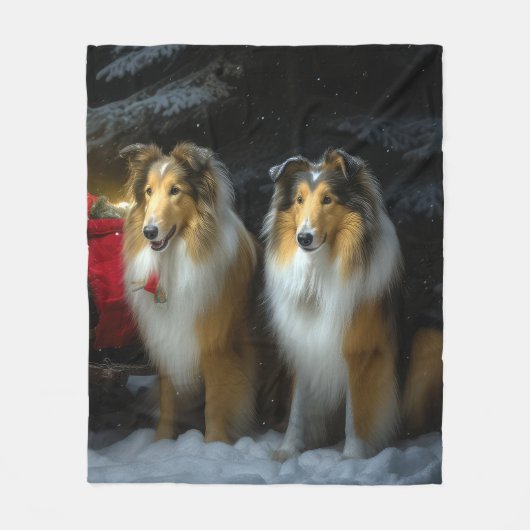 Rough Collie Snowy Sleigh Weihnachtsdekor Fleecedecke (Vorderseite)
