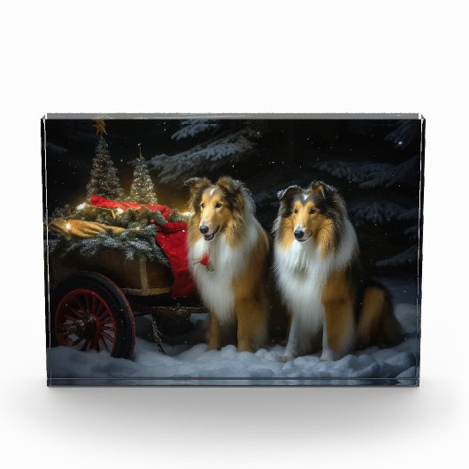 Rough Collie Snowy Sleigh Weihnachtsdekor Fotoblock (Vorderseite)
