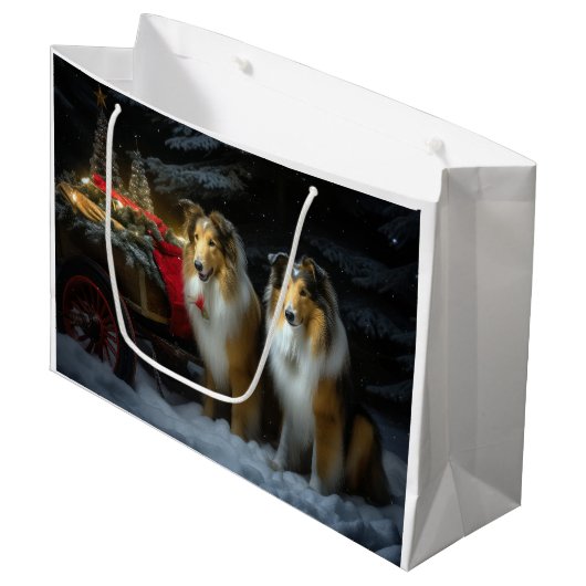 Rough Collie Snowy Sleigh Weihnachtsdekor Große Geschenktüte (Vorderseite Schrägansicht)