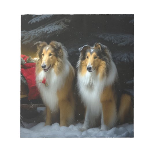 Rough Collie Snowy Sleigh Weihnachtsdekor Notizblock (Vorderseite)