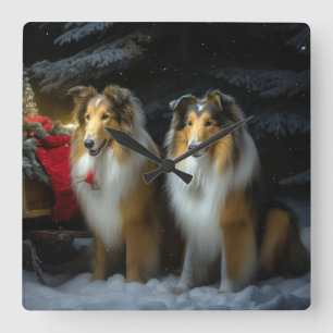 Rough Collie Snowy Sleigh Weihnachtsdekor Quadratische Wanduhr