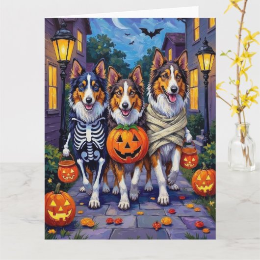 Rough Collie Trick-or-Treating Halloween Costumes Karte (Gelbe Blume)