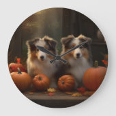 Rough Collie Welpe Autumn Delight Pumpen Große Wanduhr (Vorderseite)