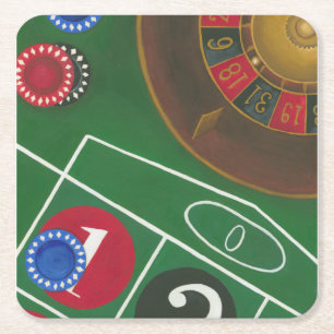Roulette-Tabelle mit Chips und Rad Rechteckiger Pappuntersetzer