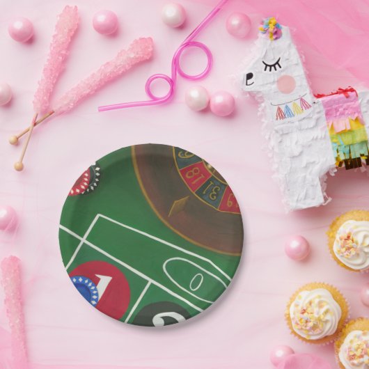 Roulettetisch mit Chips und Rädern Pappteller (Party)