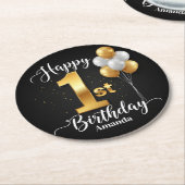 Round Black Gold 1st Birthday Paper Coaster Runder Pappuntersetzer (Angewinkelt)