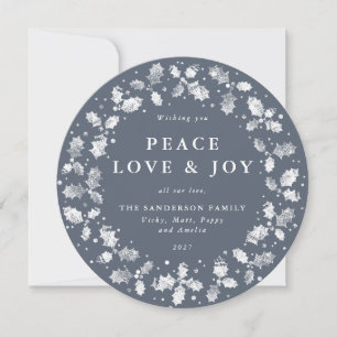 Round Blue-Grey Holly Wreath Peace Liebe + Joy Feiertagskarte
