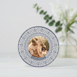 Round Blue + Off White Celtic Holiday Foto Card Feiertagskarte