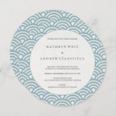 Round Blue + White Wave Muster Einladung Hochzeit (Vorne/Hinten)