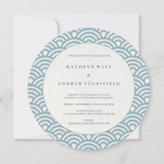 Round Blue + White Wave Muster Einladung Hochzeit (Vorderseite)