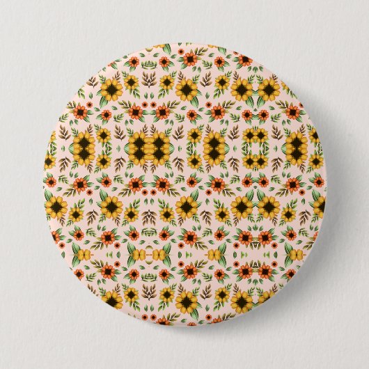Round button featuring a colorful floral pattern (Vorderseite)