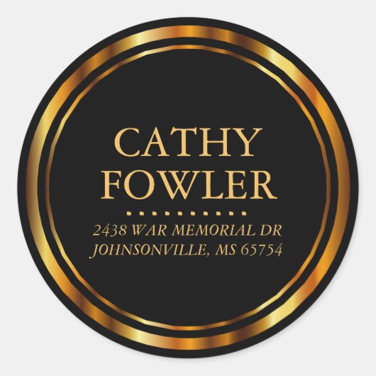 Round Circle Address - Black and Gold Runder Aufkleber (Vorderseite)