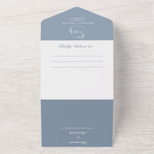 Round Classic Dusty Blue Monogram Wedding All In One Einladung (Außenbereich)