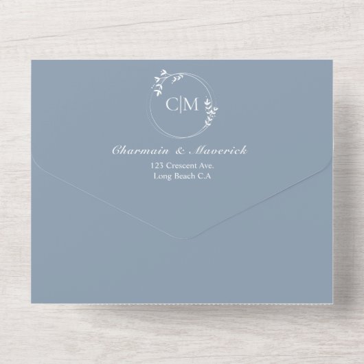Round Classic Dusty Blue Monogram Wedding All In One Einladung (Rückseite)