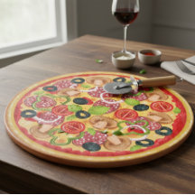 Round Cutting Board Illustration Whole Pizza