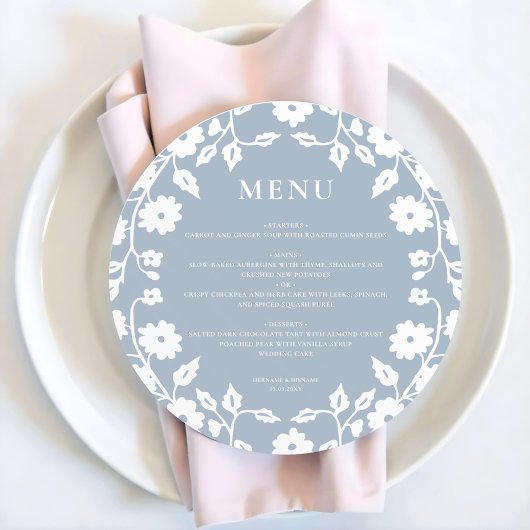 Round Dusty Blue White Folk Floral Wedding Menu Feiertagskarte