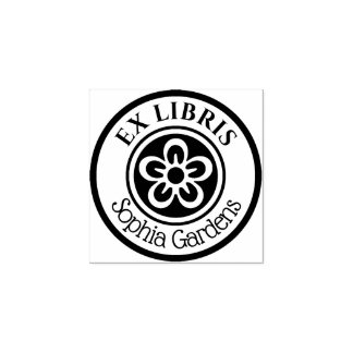 Round Ex Libris Blume Motif (weiß auf schwarz) Gummistempel