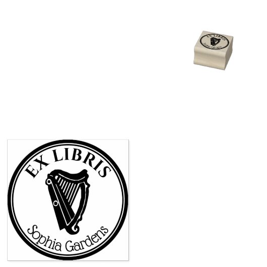Round Ex Libris - Harp Motif Gummistempel (Stempel)