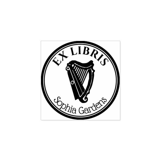 Round Ex Libris - Harp Motif Gummistempel (Prägung)