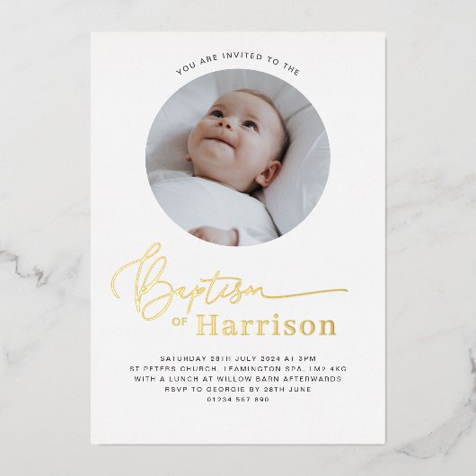 Round Foto Taufe - Gold Folieneinladung (Vorderseite)