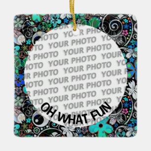 Round in Square Frame Blume Power 3 + Ihr Foto Keramikornament