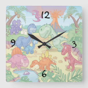 Round (Large) Wall Clock/Cartoon Dinosaurs Quadratische Wanduhr